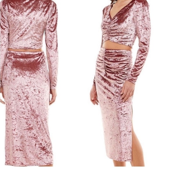 NWOT Midi Skirt Wayf X Emma Rose Samantha Ruched Crushed Velvet Slit Pink SZ XS - Picture 1 of 6